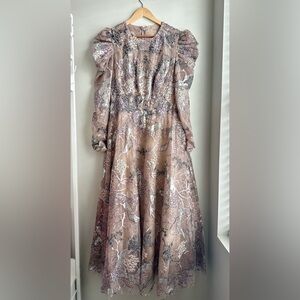 Mac Duggal Beige Embellished High Neck Puff Sleeve A-Line Dress